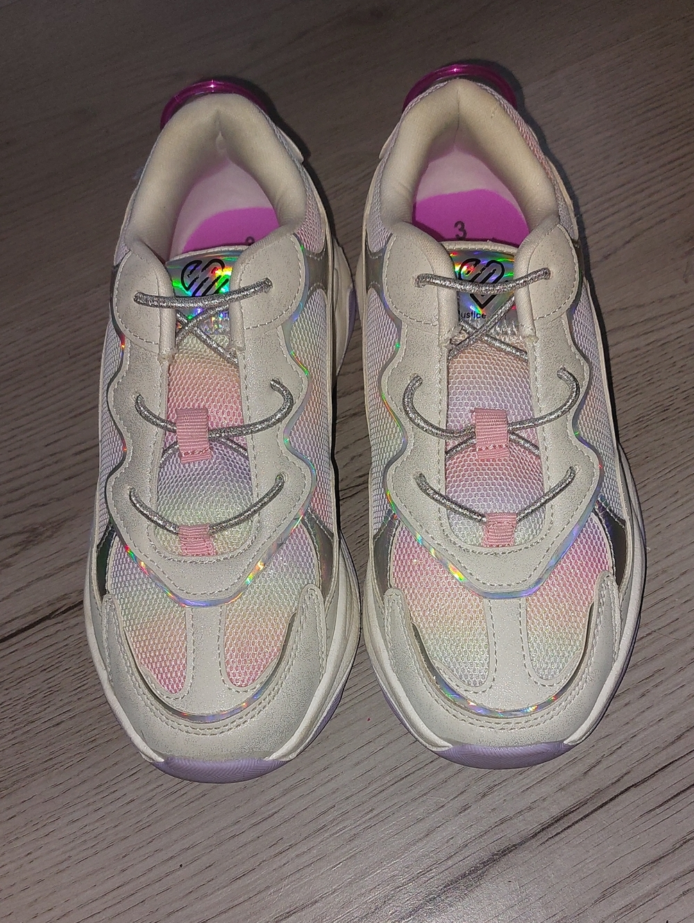 Justice Cream Sneakers with Pink and Iridescent Accents